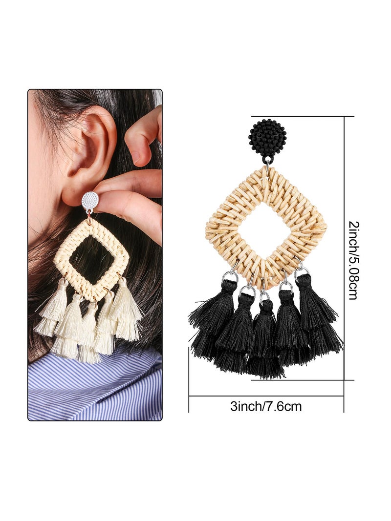 meekoo 2 Pairs Rattan Tassel Earrings for Women Bohemian Woven Earrings Summer Beach Jewelry Gifts(Black and White) - Image 2